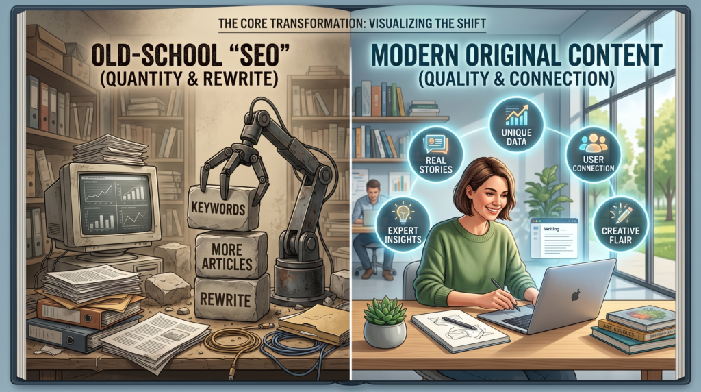 A split-panel illustration comparing traditional and modern SEO strategies. The left panel, titled "Old-School 'SEO' (Quantity & Rewrite)," shows a cluttered desk with an outdated monitor, messy papers, and a mechanical robotic arm stacking stone blocks labeled "KEYWORDS," "MORE ARTICLES," and "REWRITE" in a muted grey and brown color palette. The right panel, titled "Modern Original Content (Quality & Connection)," features a bright, clean, sunlit creative studio with large windows where a woman is smiling and working on a laptop. Illuminated digital icons for "UNIQUE DATA," "REAL STORIES," "EXPERT INSIGHTS," "CREATIVE FLAIR," and "USER CONNECTION" float around her in vibrant blue and green tones.